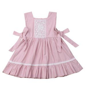 Pink-White A-line Pleated Cotton Little Girl Dress